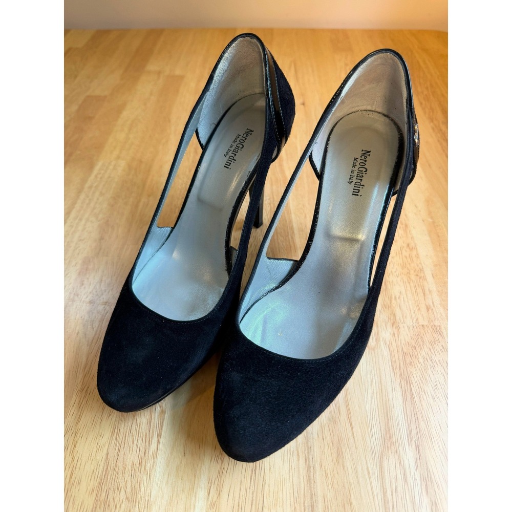 Nero Giardini Black Suede Patent Cutout Platform Pumps Heels Made in Italy 37